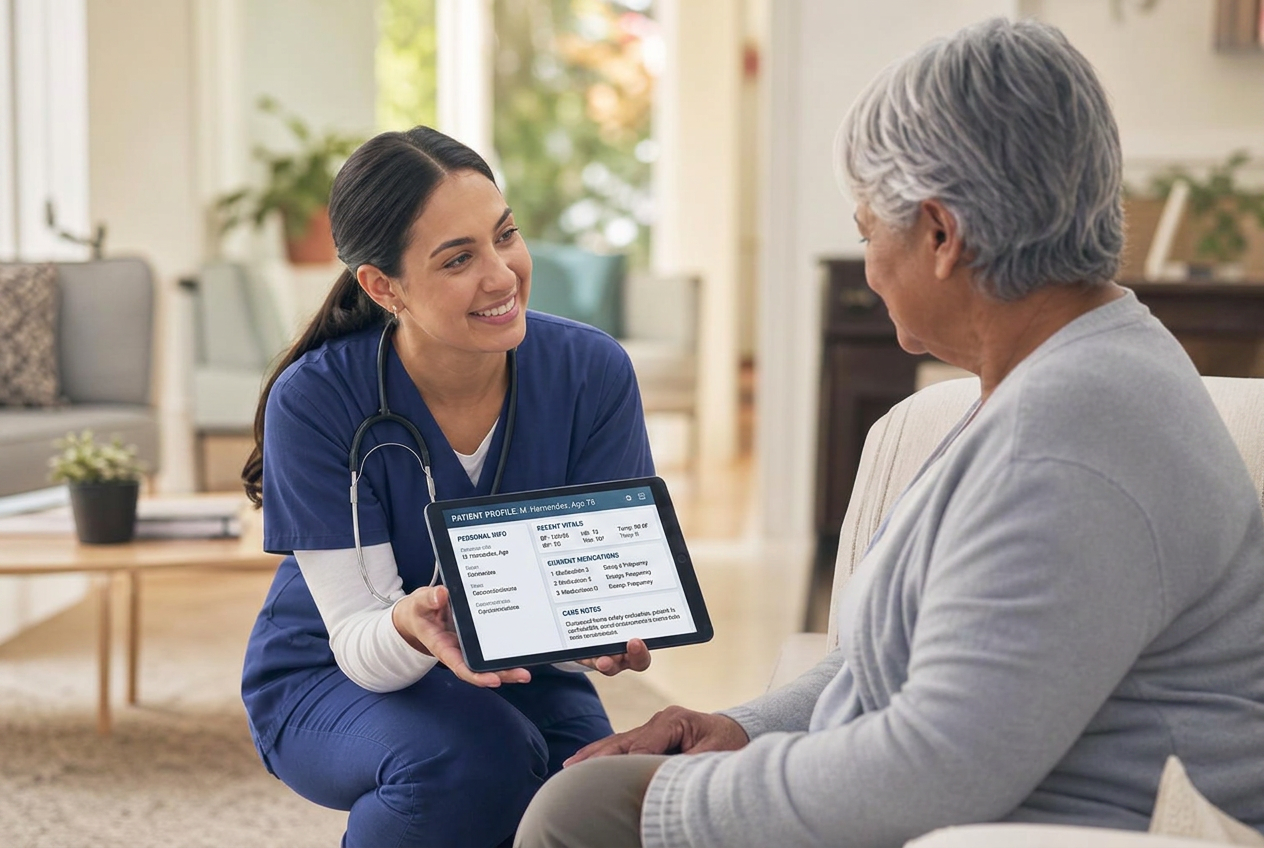A home healthcare nurse showing a tablet with patient information to a patient in their living room